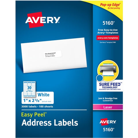 Avery Easy Peel White Address Labels for Laser Printers (1" x 2 5/8") (30 Labels/Sheet) (100 Sheets/Box)