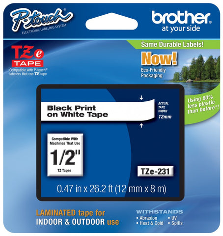Brother 12mm (1/2") Black on White Laminated Tape (8m/26.2') (1/Pkg) For use in TZ P-Touch: All TZ Machines